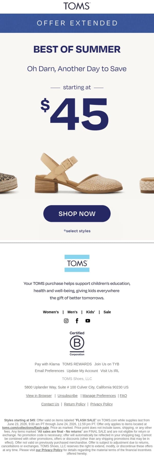 Sale Extended: Best of Summer 👏 email from TOMS screenshot
