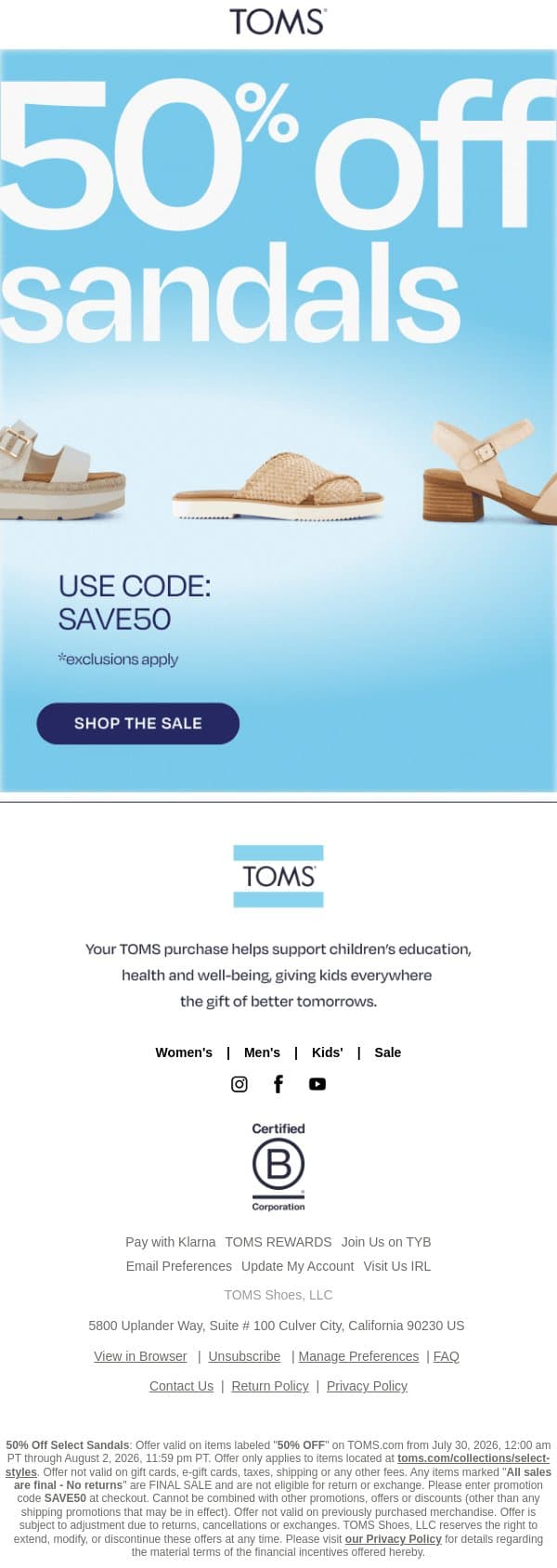 Sandal Sale: 50% Off Select Styles ☀️ email from TOMS screenshot