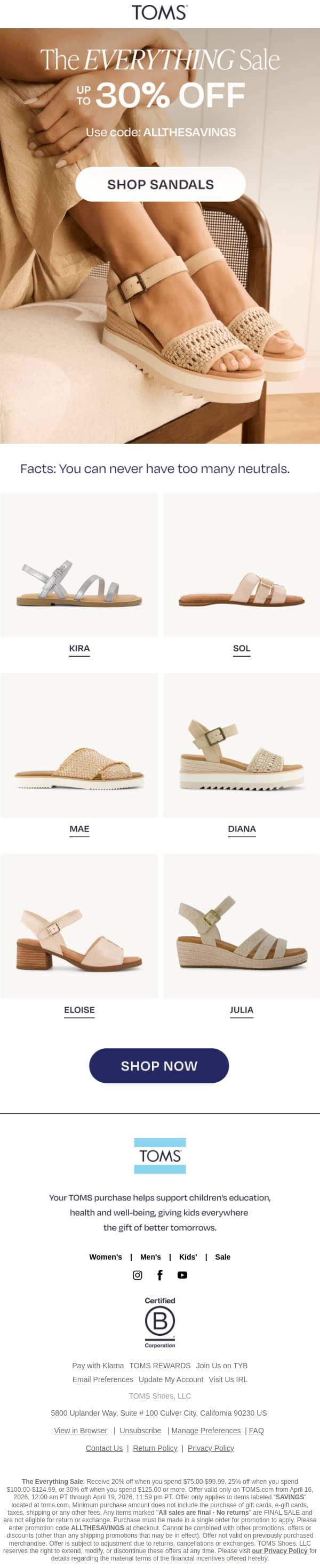 Up To 30% Off Your Friday Faves email from TOMS screenshot