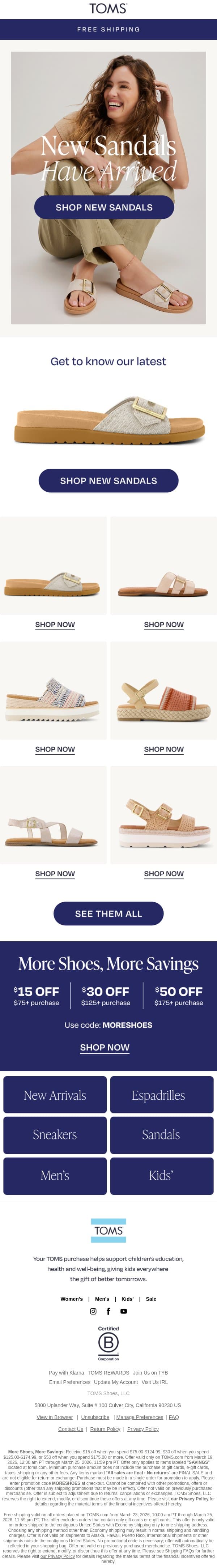 New Sandals Are Here + Free Shipping email from TOMS screenshot