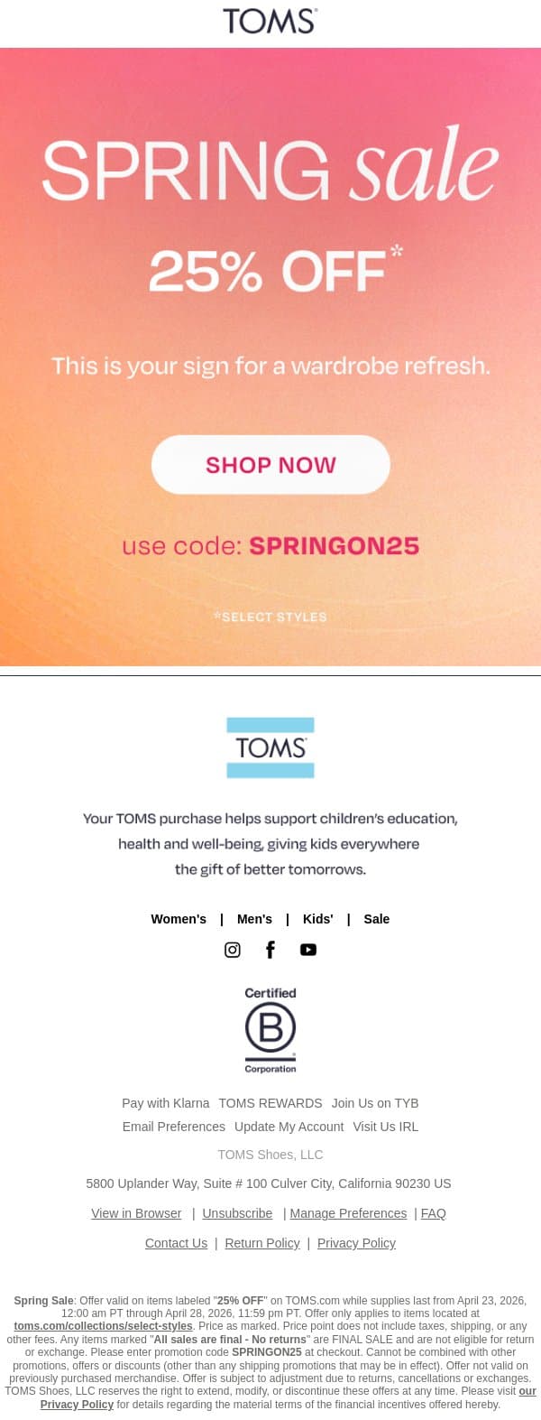 Save 25% on Select Spring Styles email from TOMS screenshot