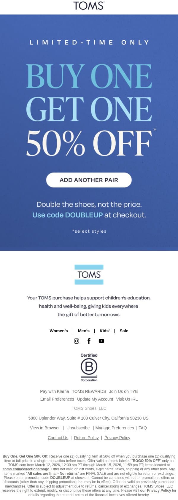 Buy One, Get One 50% Off 📣 email from TOMS screenshot