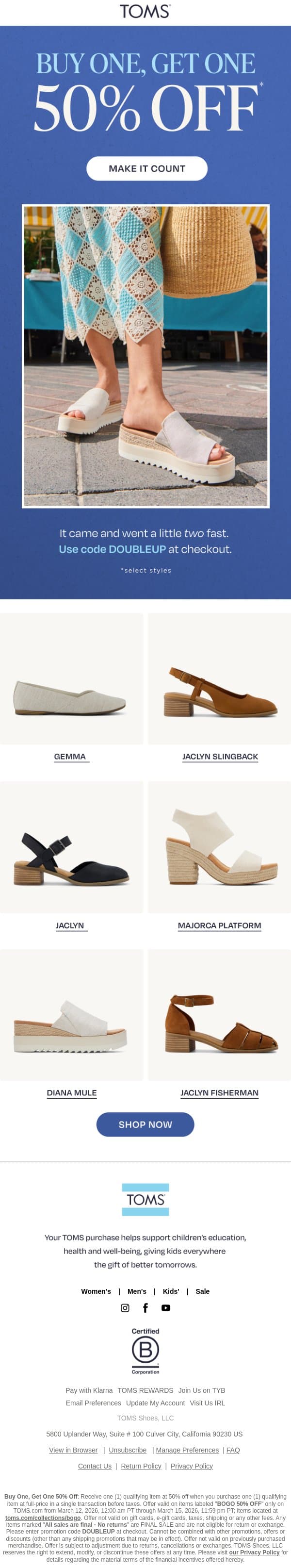 Still On: 50% Off Your Second Pair! email from TOMS screenshot