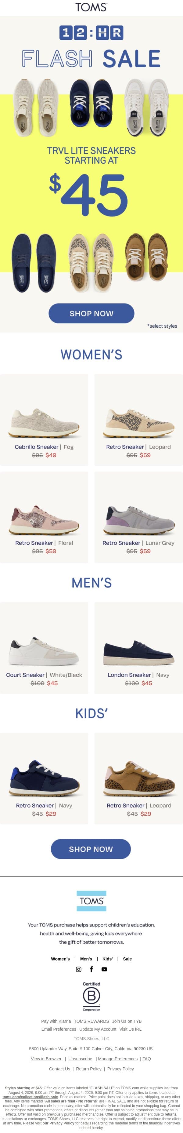 ⚡12 Hours Only: TRVL LITE Sneakers From $45 email from TOMS screenshot