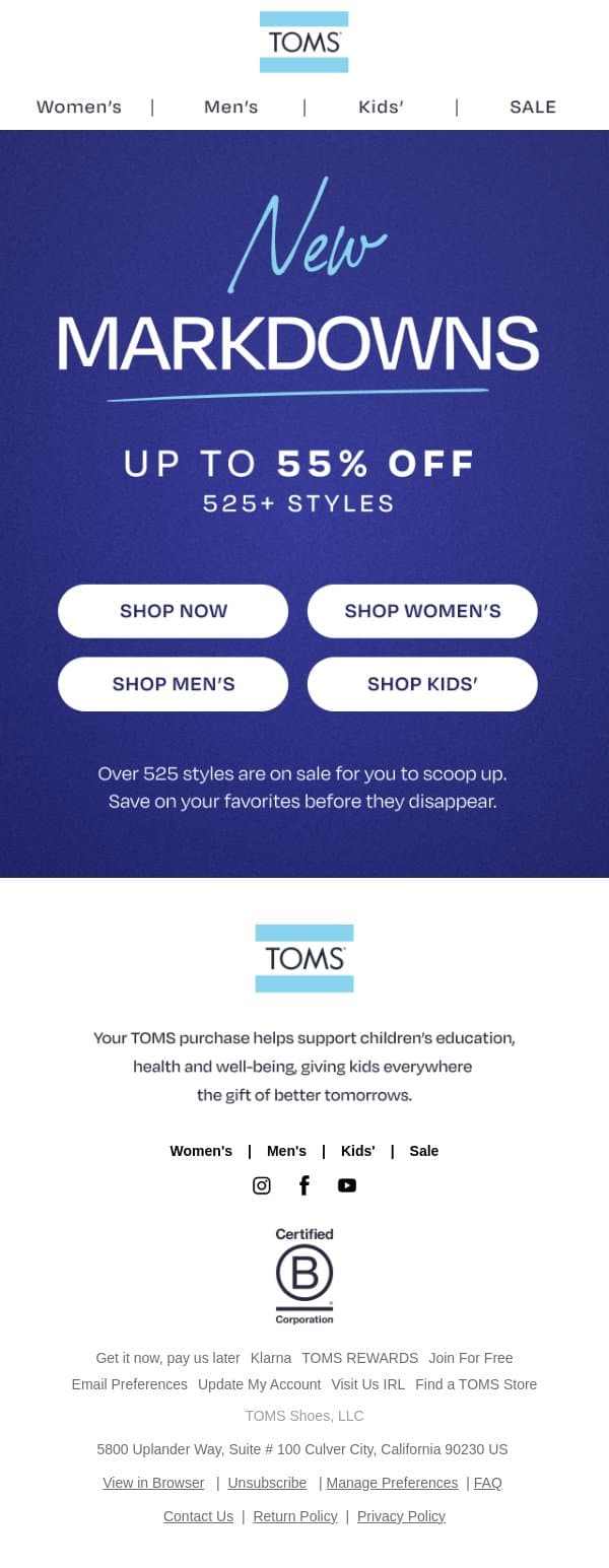 New Markdowns Just Added ‼️ email from TOMS screenshot