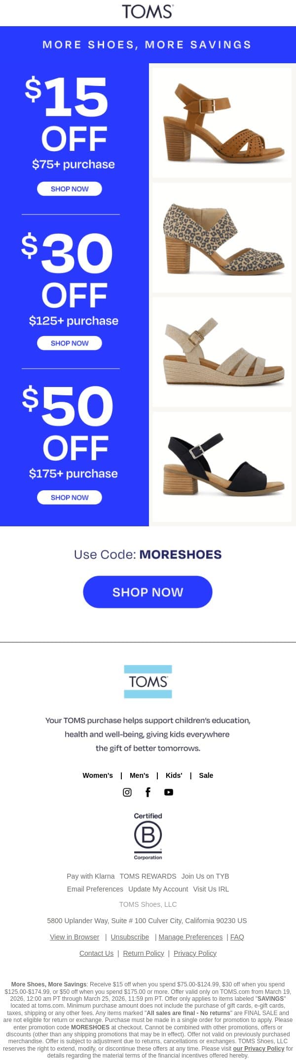 Wedges, Sandals & Up to $50 Off 👡 email from TOMS screenshot
