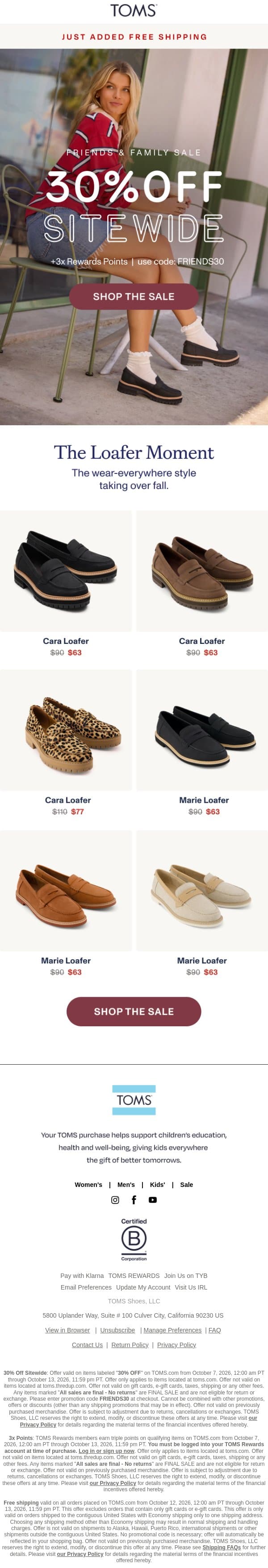Max Your Savings 🚨 30% Off + 3X Points + FREE Shipping email from TOMS screenshot