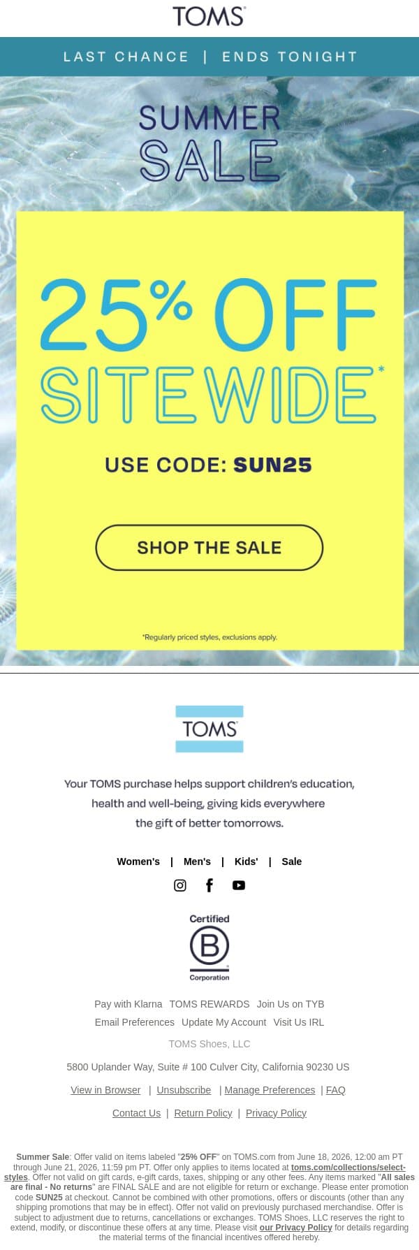 25% Off Sitewide Ends Today 👀 email from TOMS screenshot