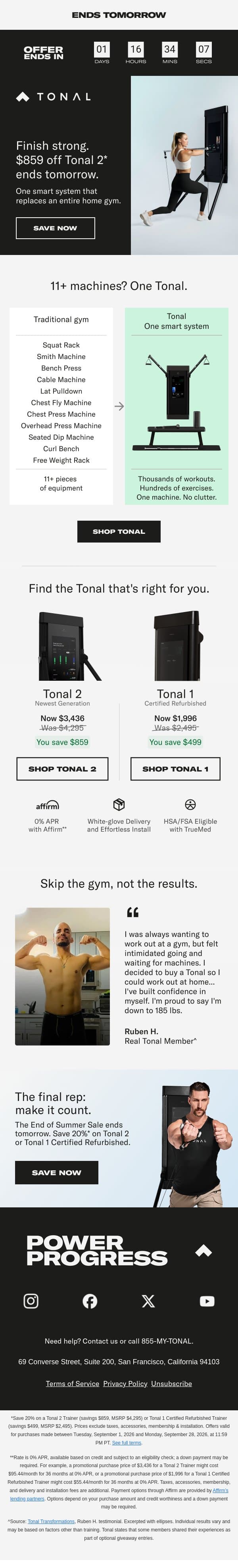 Ends tomorrow. Save $859 on Tonal 2. email from Tonal screenshot