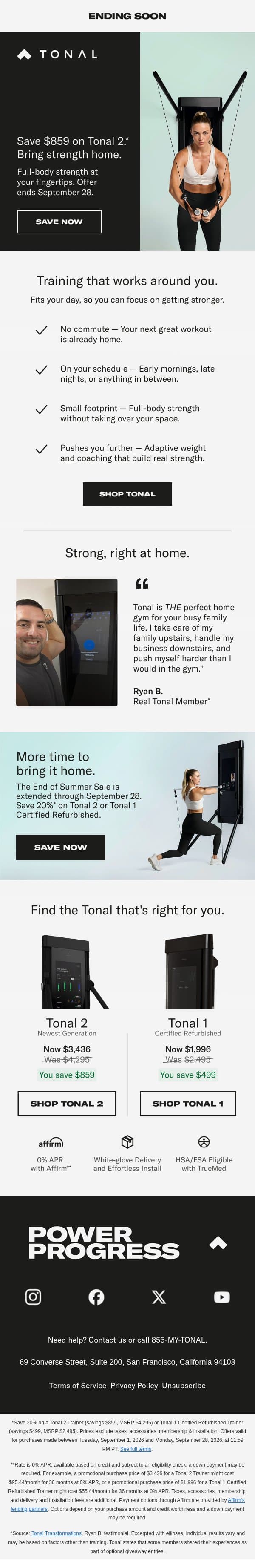 Ending soon | Save $859 on Tonal 2 email from Tonal screenshot