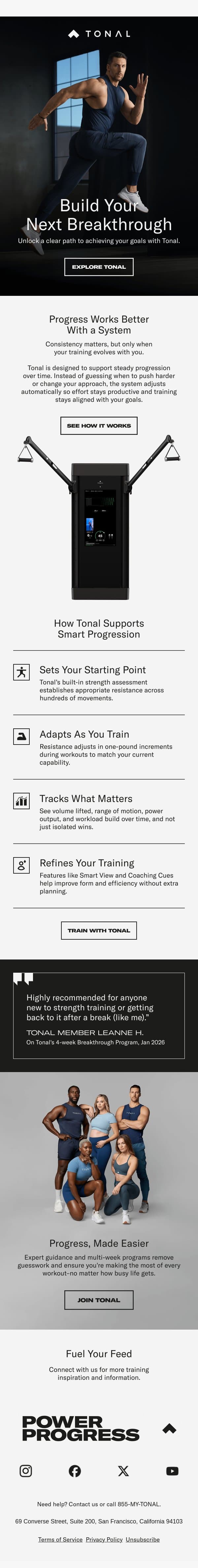 Fewer Decisions. Better Training. email from Tonal screenshot