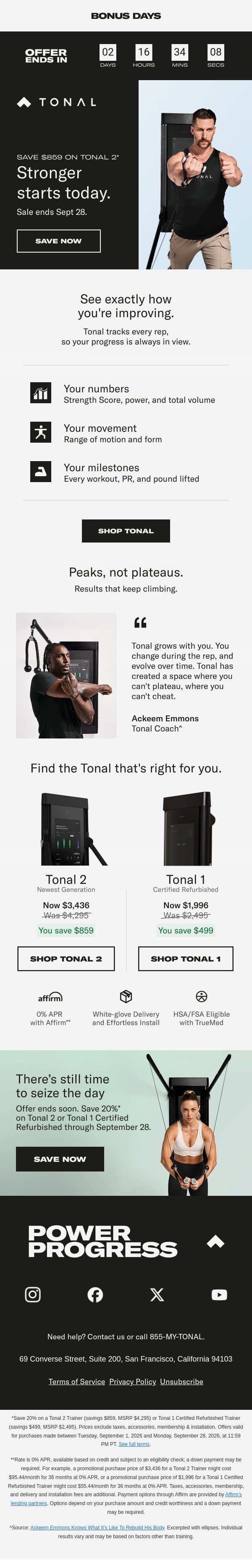 Save $859 on Tonal 2 for a few more days. email from Tonal screenshot