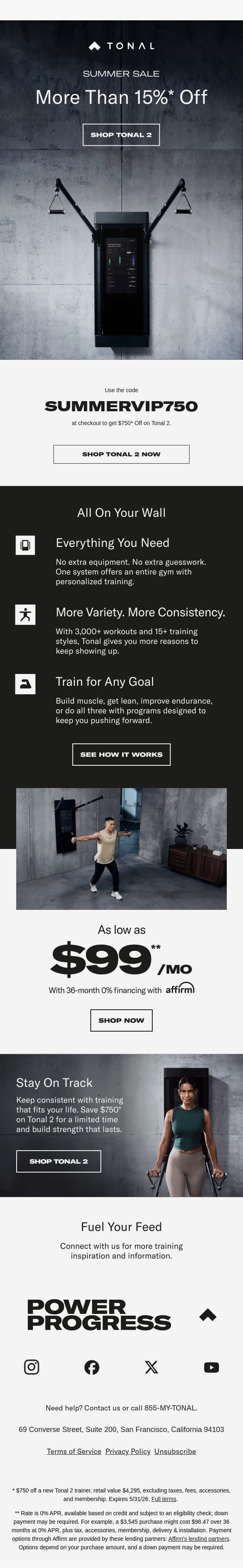 Save $750 on Tonal 2. email from Tonal screenshot