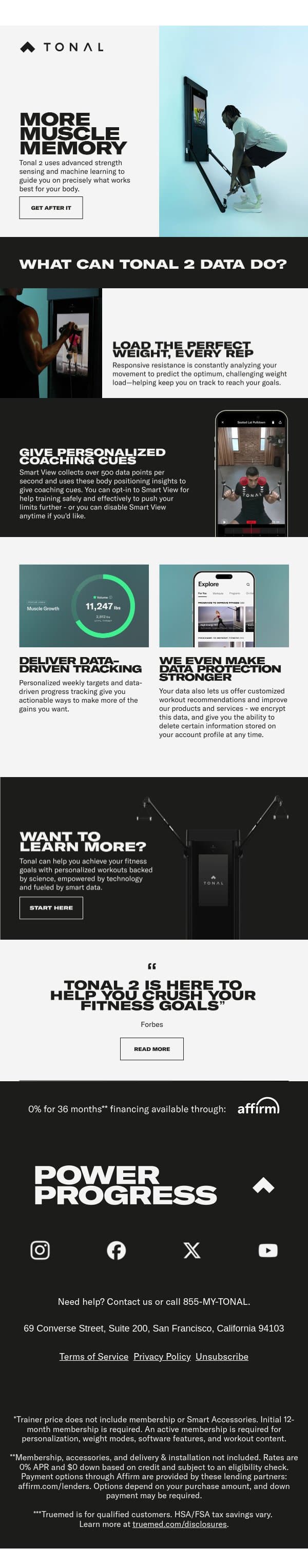Tonal 2 uses data to fuel determination. email from Tonal screenshot