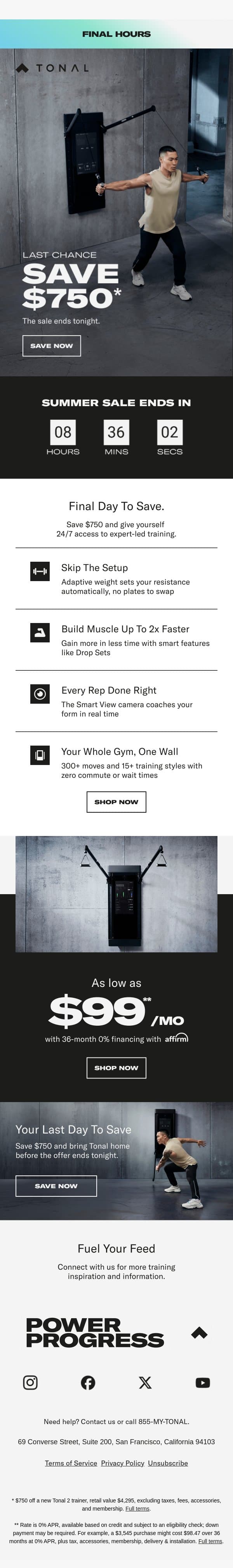Last Chance: Save $750. email from Tonal screenshot