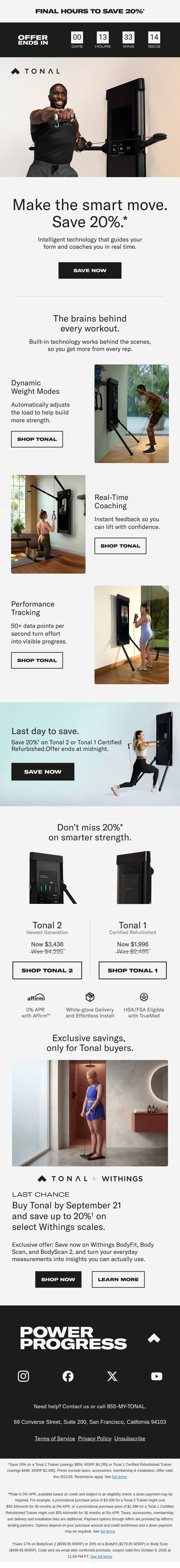 Last day | Save 20% on smarter training email from Tonal screenshot