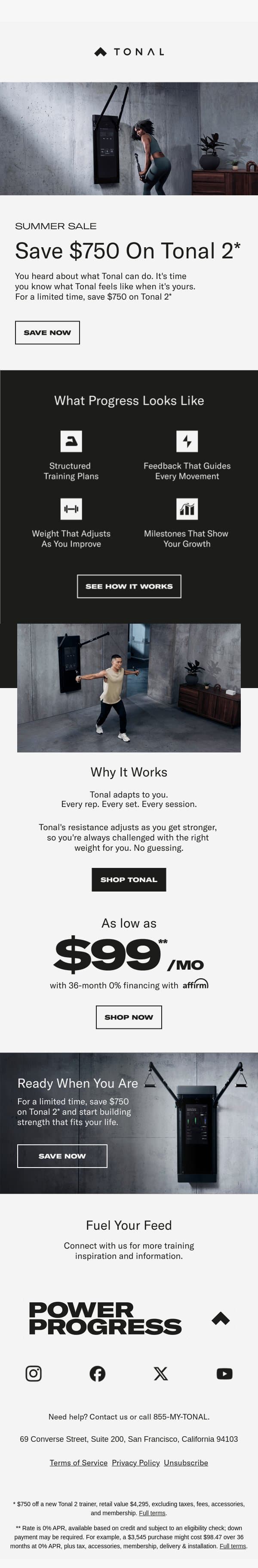 $750 off. Still thinking about Tonal? email from Tonal screenshot
