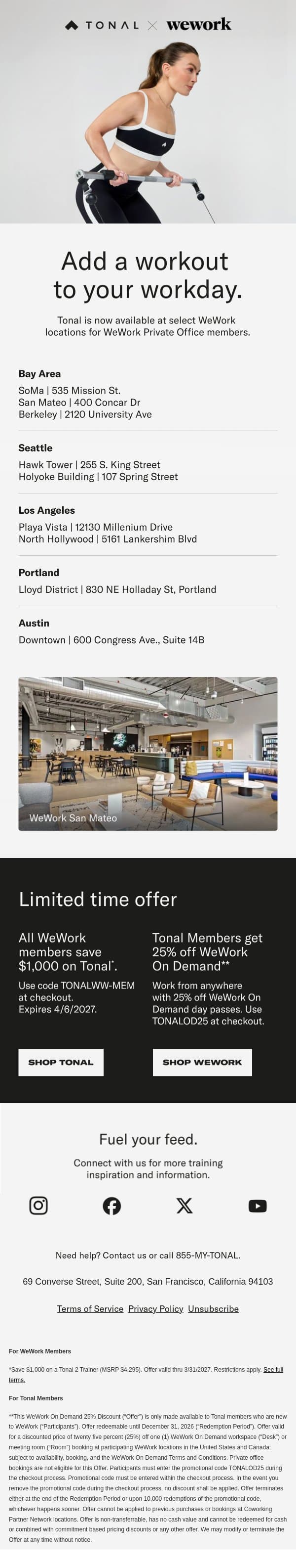 Tonal x WeWork: Save up to $1,000 on your home gym email from Tonal screenshot
