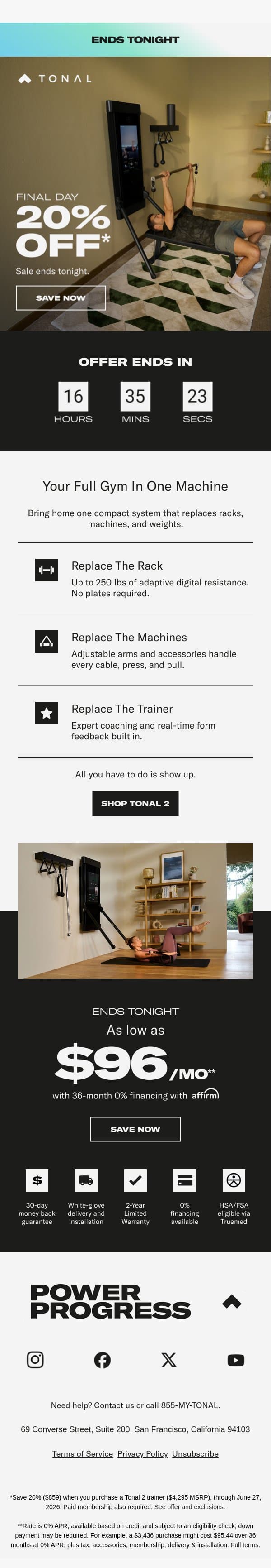 Ends Today: 20% off Tonal 2 email from Tonal screenshot