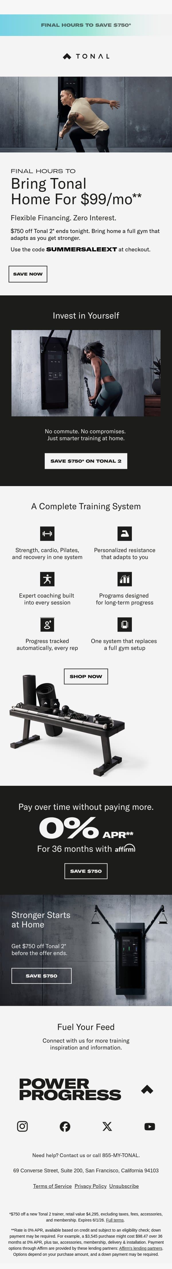 Last chance. $750 Off Tonal 2 ends tonight. email from Tonal screenshot