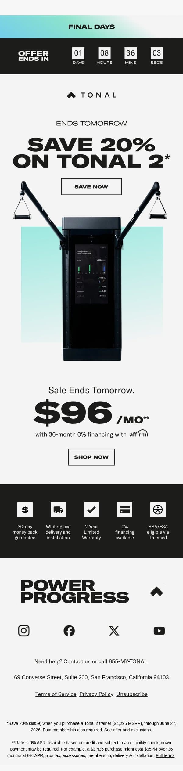 Ends Tomorrow: 20% off Tonal 2 email from Tonal screenshot