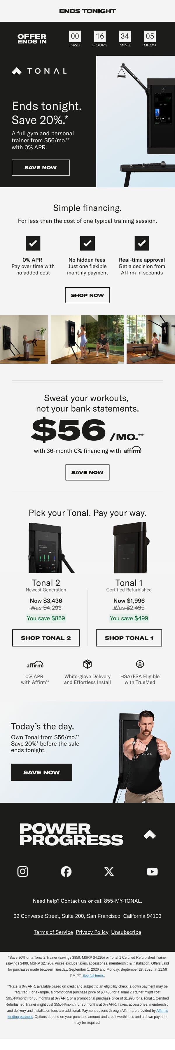 Last day. Save 20% on Tonal. email from Tonal screenshot