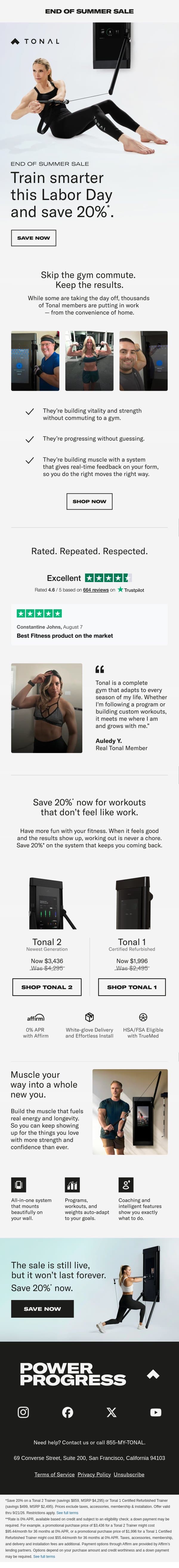 20% off is live. Save now and get real results. email from Tonal screenshot