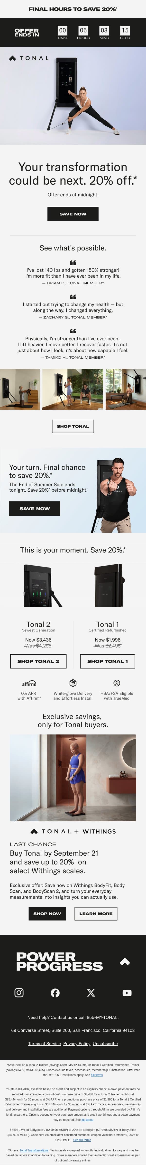 Final hours | 20% off ends today email from Tonal screenshot