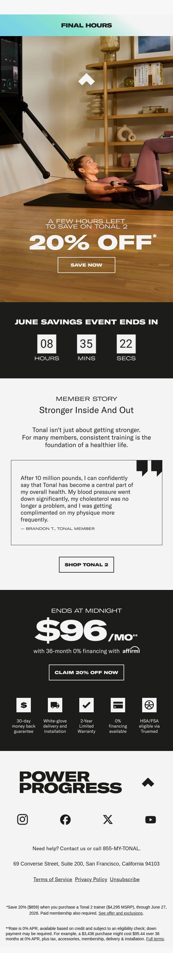 Final hours: 20% off Tonal 2 email from Tonal screenshot