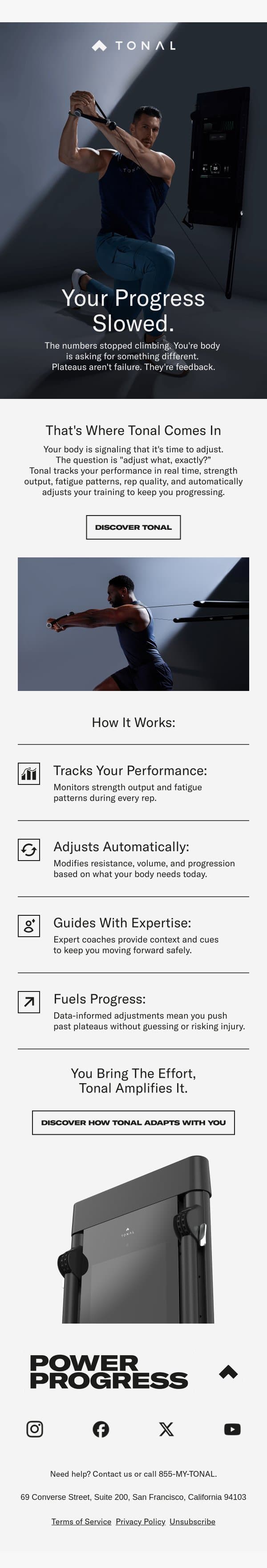 Your plateau is trying to tell you something. email from Tonal screenshot