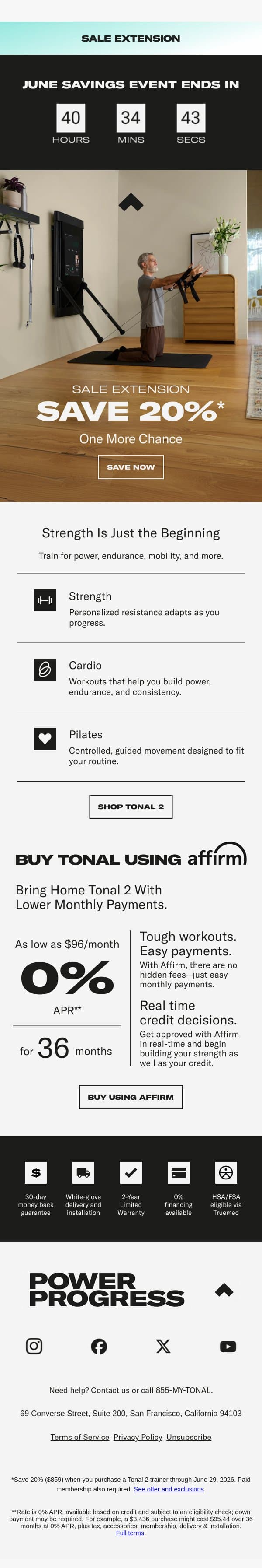 Sale extended: Save 20% on Tonal 2 email from Tonal screenshot