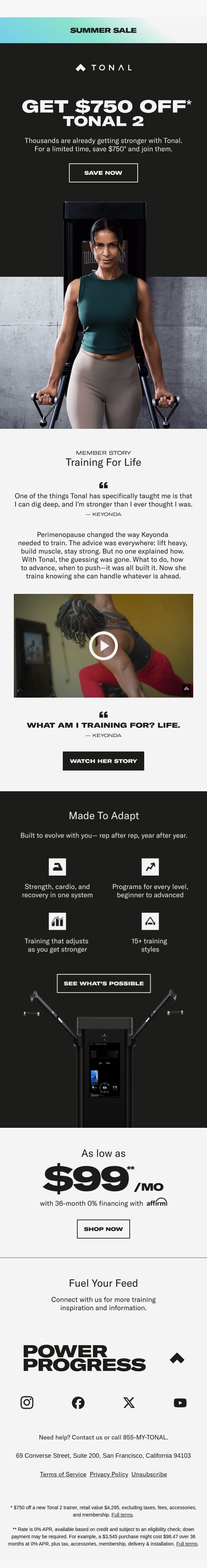 $750 off. Join thousands getting stronger. email from Tonal screenshot