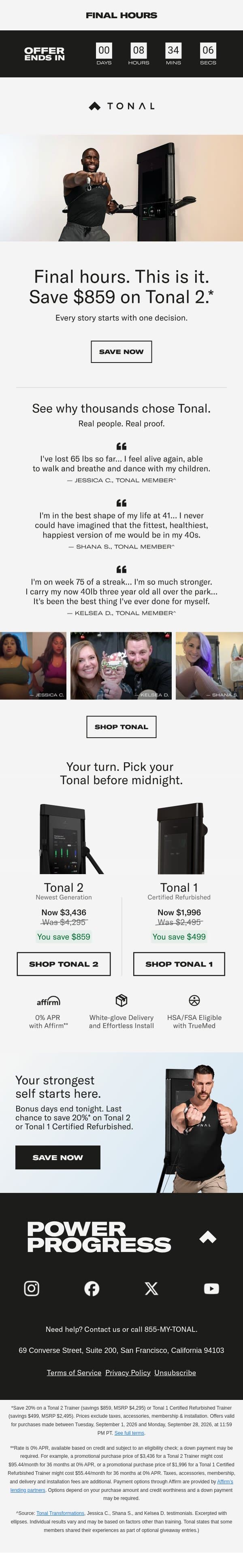 Final hours. Save $859 on Tonal 2. email from Tonal screenshot