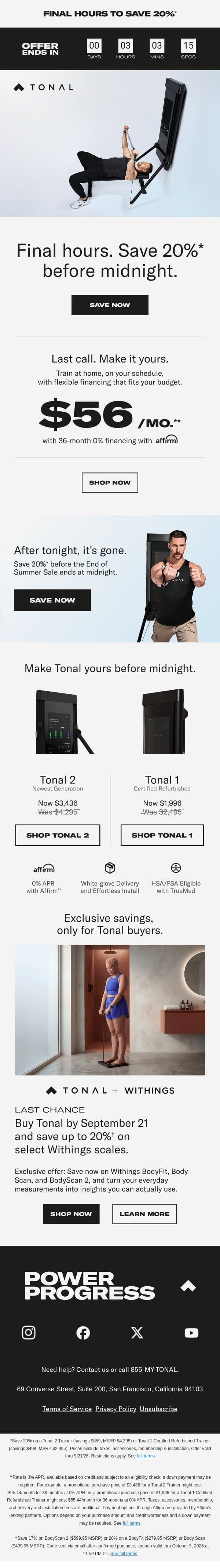 Save 20% before midnight email from Tonal screenshot
