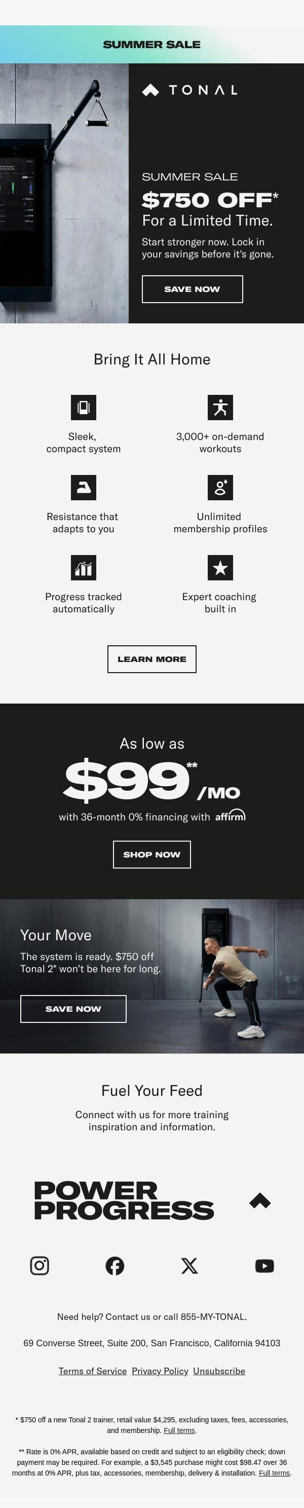 $750 off won't last. email from Tonal screenshot