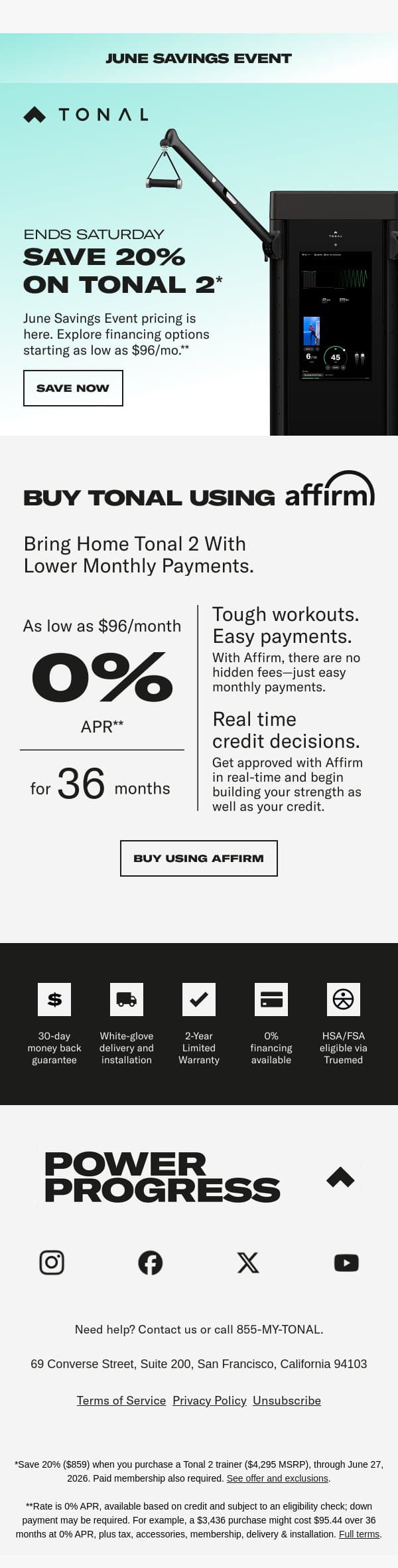 0% APR financing available email from Tonal screenshot