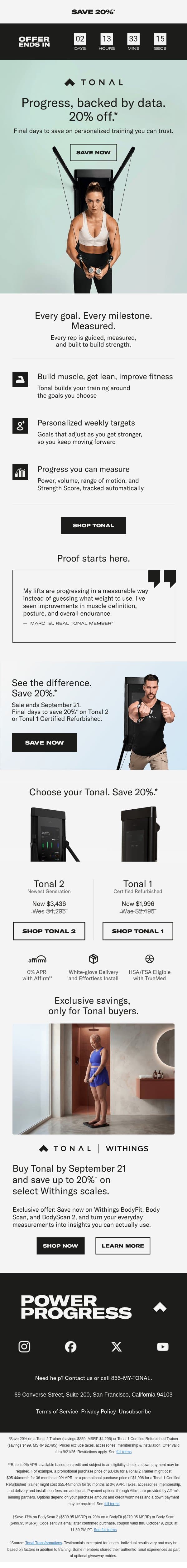 Save 20% | Measure every milestone email from Tonal screenshot