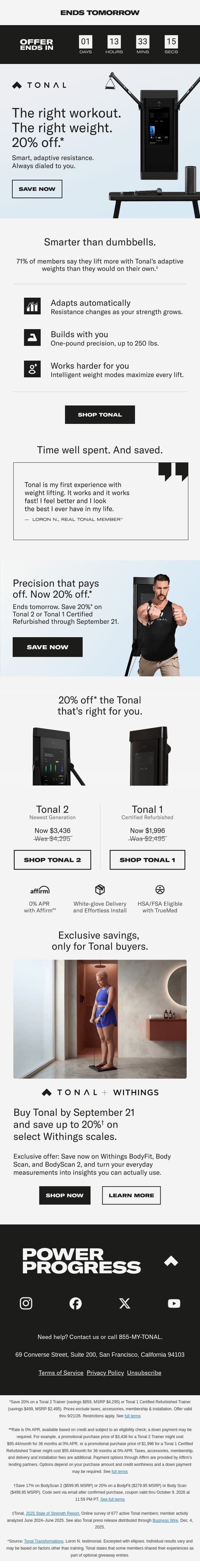 20% off ends tomorrow. email from Tonal screenshot