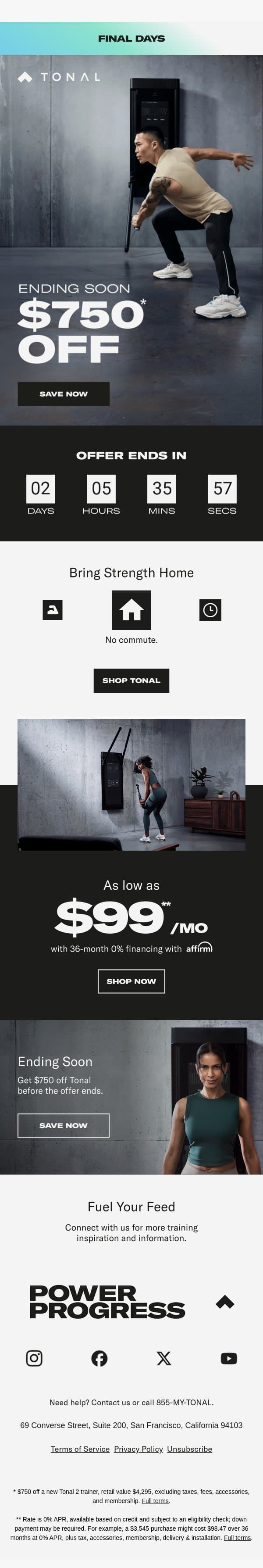 Final Days to Save $750 email from Tonal screenshot