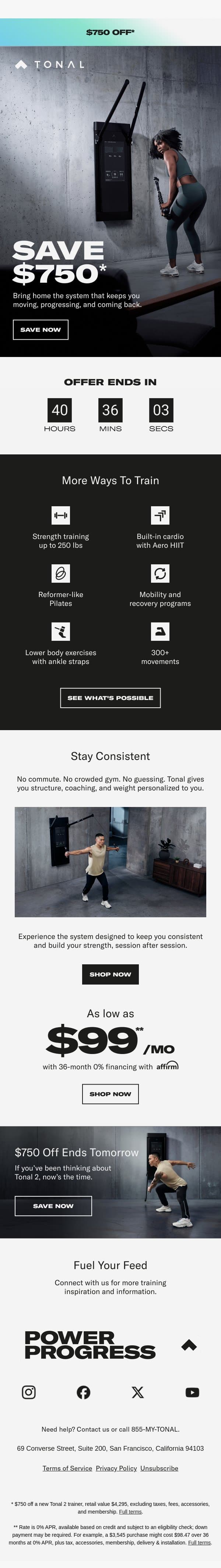 $750 off ends tomorrow. email from Tonal screenshot