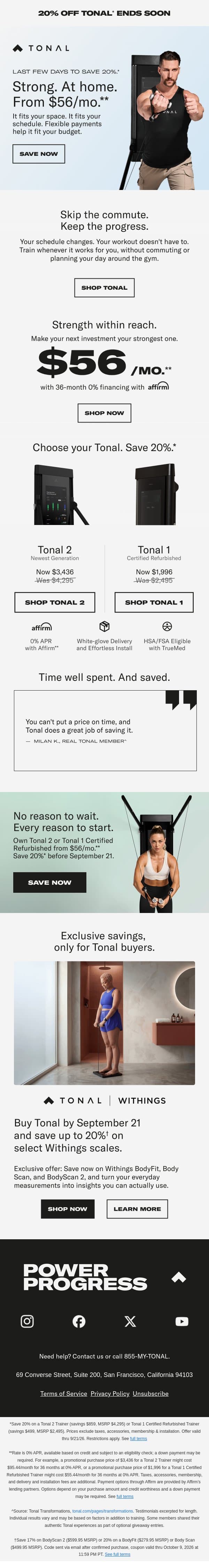 Save 20% | A few days left. Make it count. email from Tonal screenshot