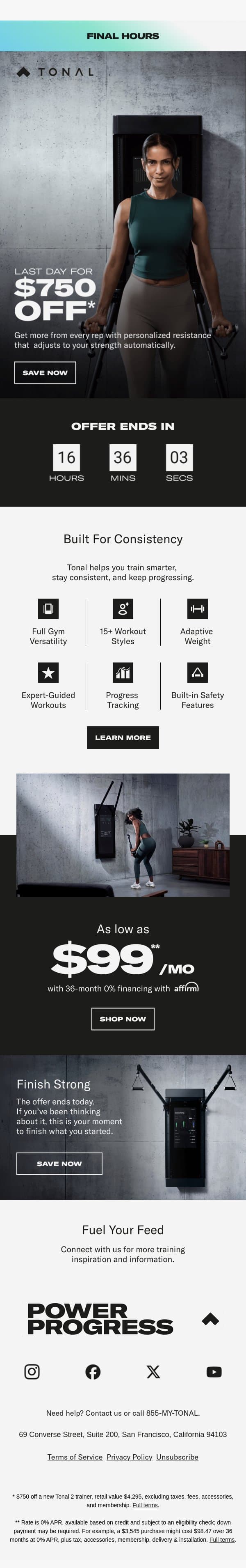 $750 off ends today. email from Tonal screenshot