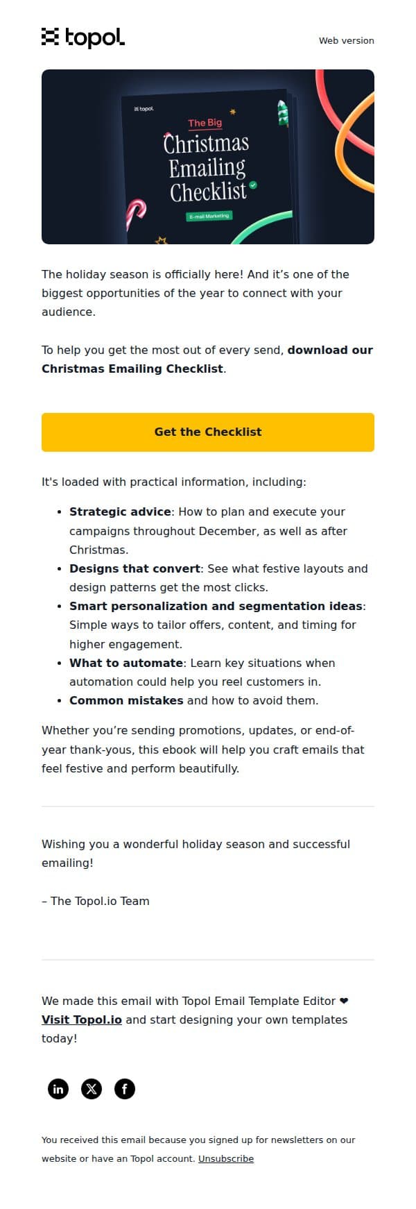 Your Free Ebook: The Big Christmas Emailing Checklist 🎄 email from Topol.io screenshot
