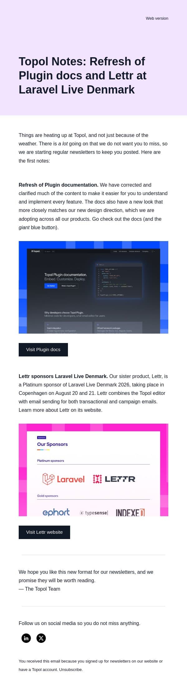 Topol Notes: refreshed Plugin docs, and Lettr in Copenhagen email from Topol.io screenshot