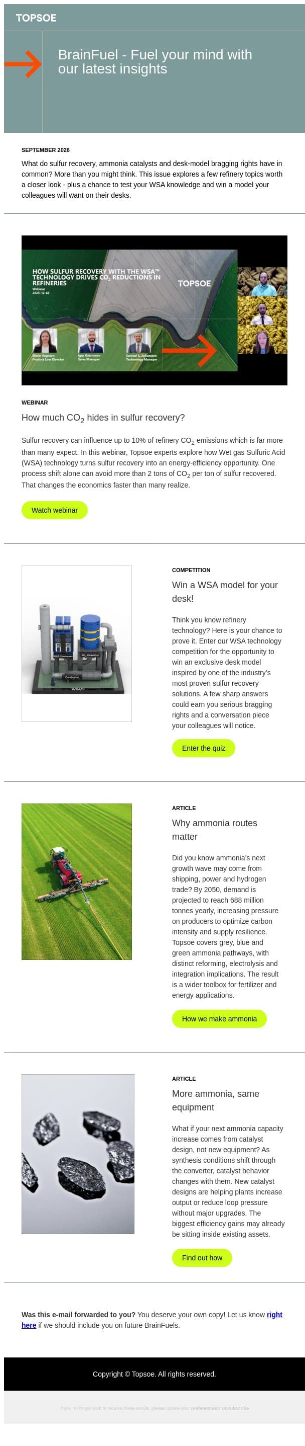 BrainFuel: Win a WSA model for your desk! email from Topsoe screenshot