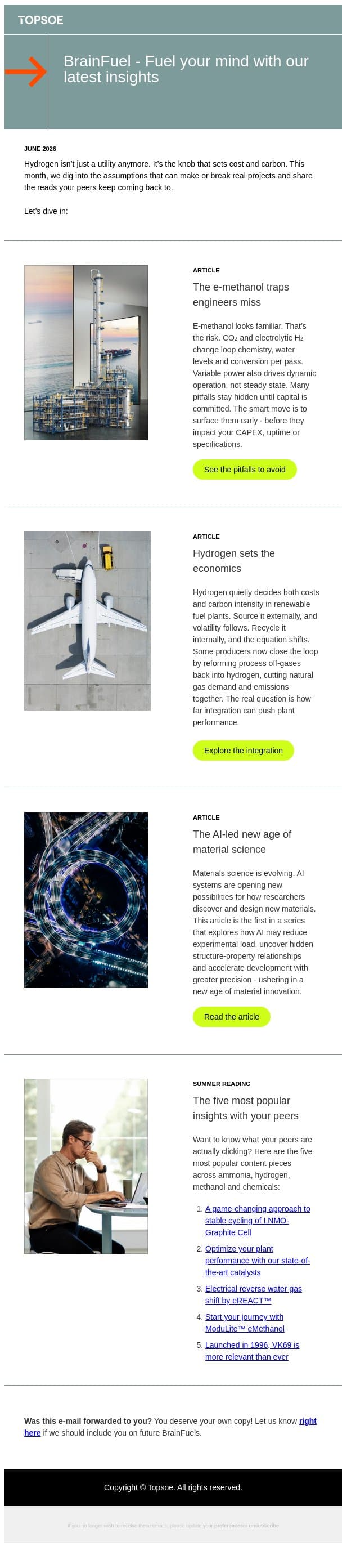 BrainFuel: Hydrogen sets the economics email from Topsoe screenshot