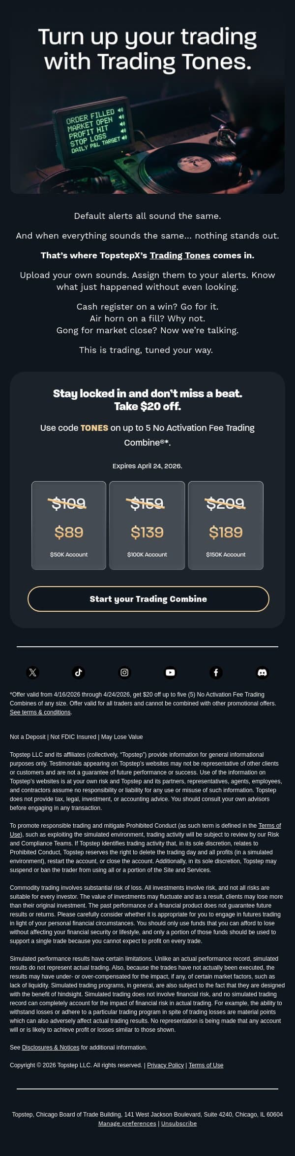 $20 off Trading Combines ends today! email from Topstep screenshot