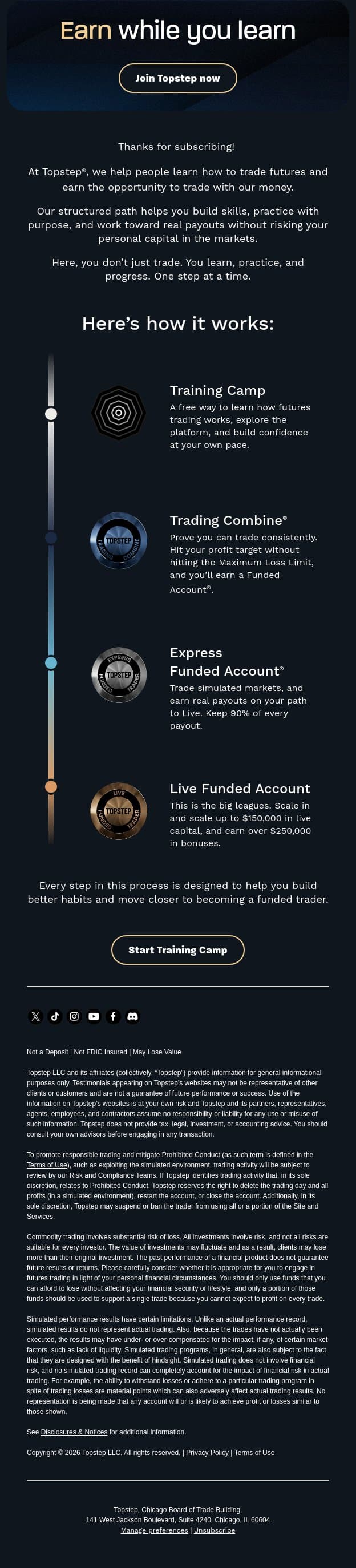 Thanks for subscribing! email from Topstep screenshot