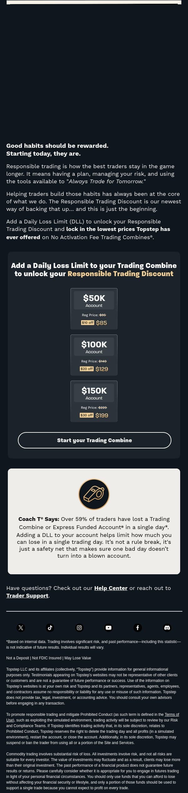 Trade Responsibly. Pay Less. email from Topstep screenshot