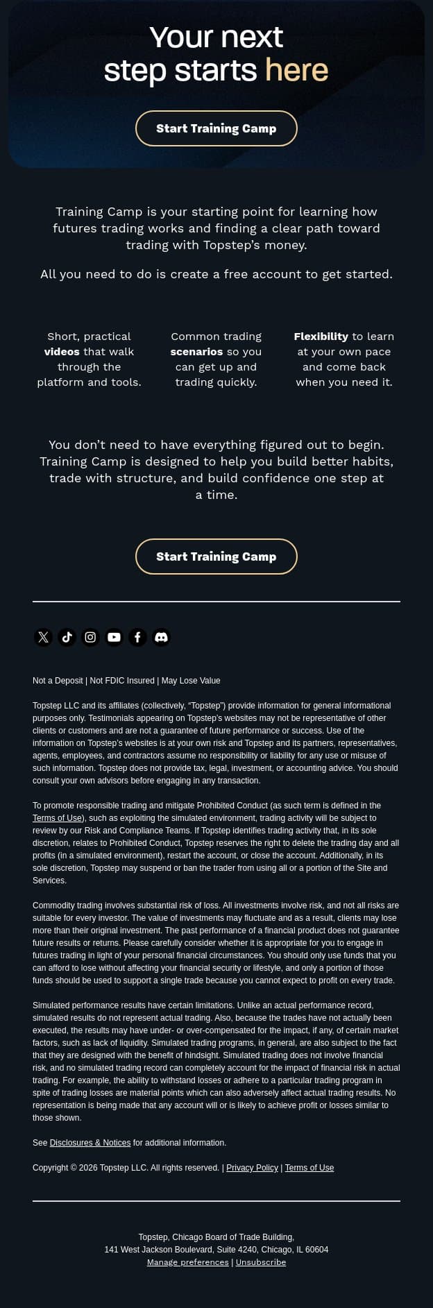 Your next step starts here email from Topstep screenshot